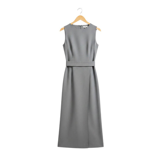Emma Claire elegant grey sleeveless midi dress with round neckline, belted waist, and draped skirt. Perfect for day or evening wear.