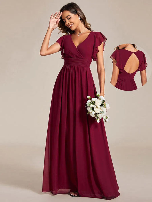ever LILYANA|Robe demoiselle d'honneur en mousseline manches plissées avec découpe au dos