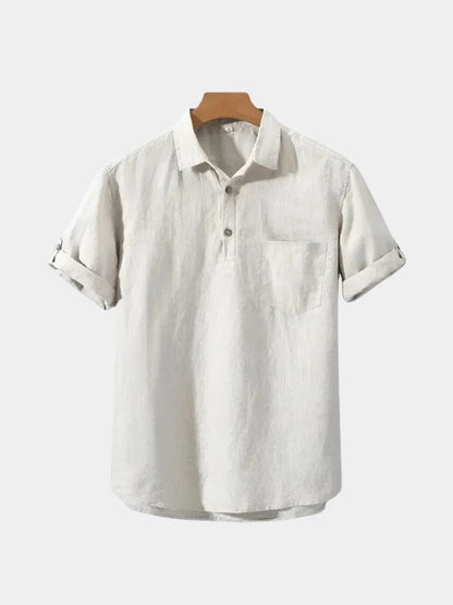Montaracrest linen shirt featuring a cross crown embroidery, lightweight and breathable for casual or summer wear.