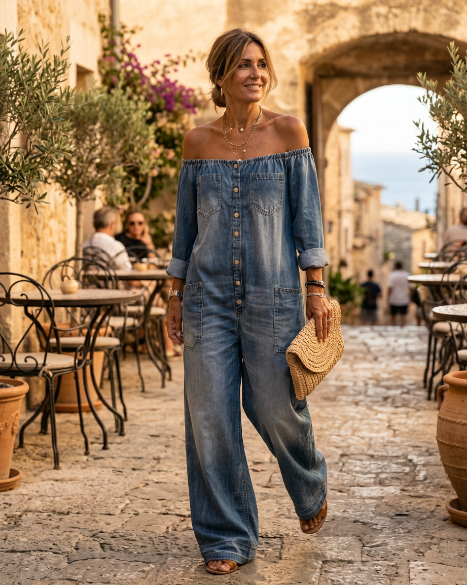 Eugenia Trevi™ Effortless Off-Shoulder Denim Jumpsuit