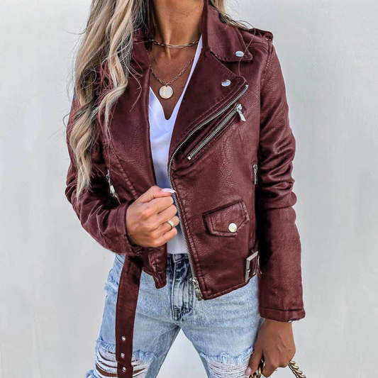 Leather Biker Jacket PU Leather Zip Slim Fit Women Spring Outerwear
