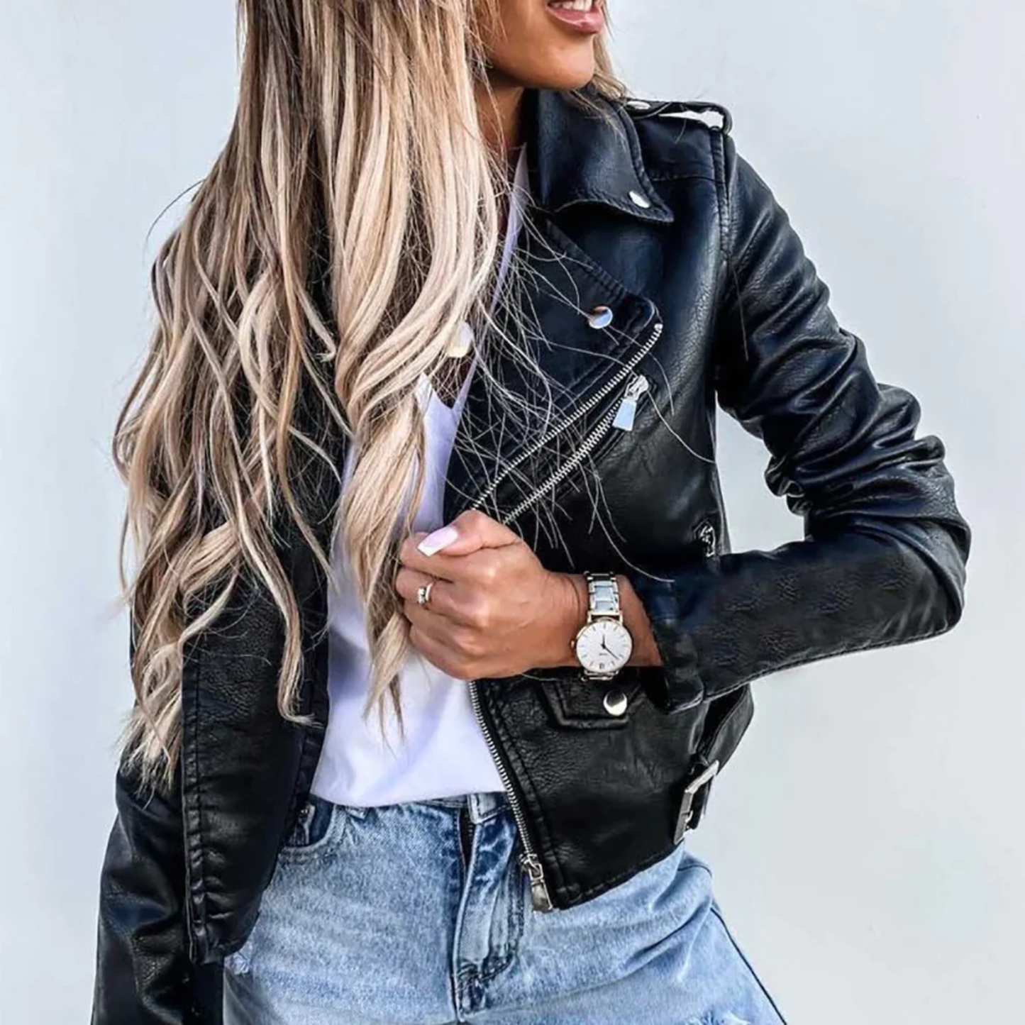 Leather Biker Jacket PU Leather Zip Slim Fit Women Spring Outerwear