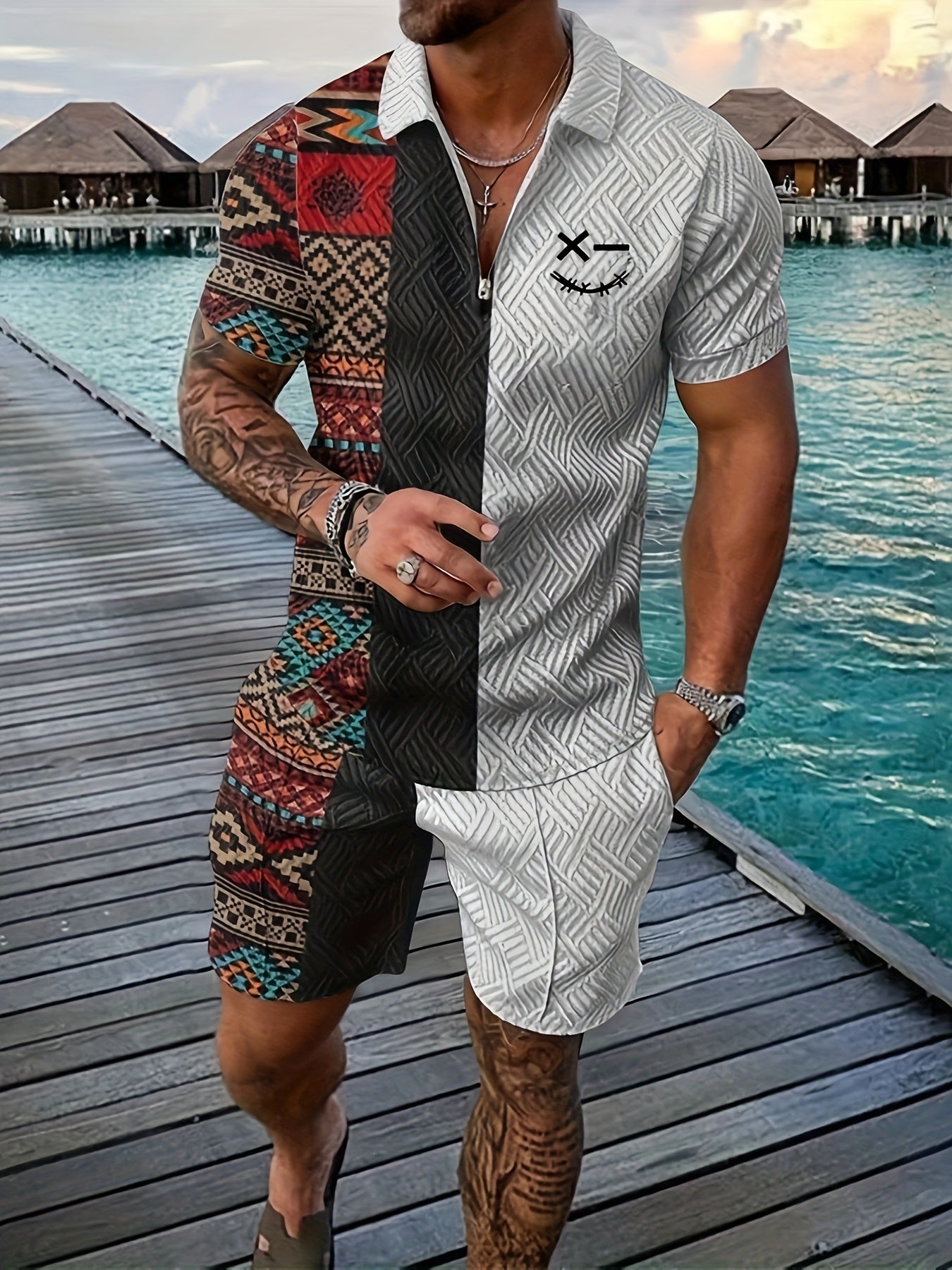 Xylaric | Casual tweedelige set voor heren – T-shirt met reverskraag en korte broek met trekkoord