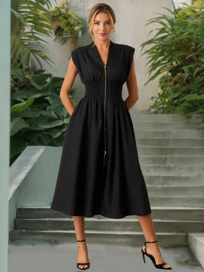 Smocked Zip Front Cap Sleeve Dress