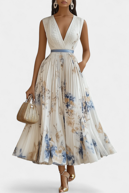 Elise Μίντι Αμάνικο Πλισέ Φόρεμα με Floral Print