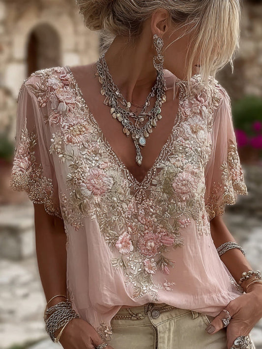 Liora | Linen T-Shirt with Embroidered Flowers