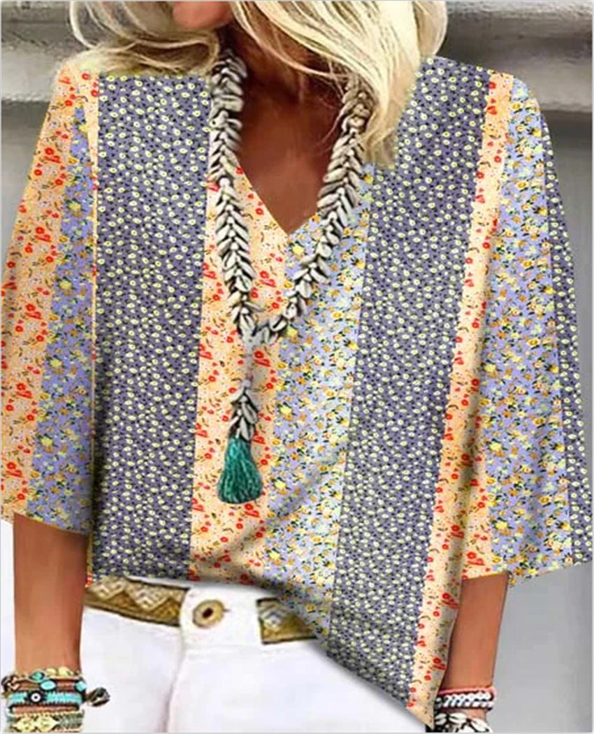 Women's Ditsy Floral Patchwork V-Neck 3/4 Sleeve Top