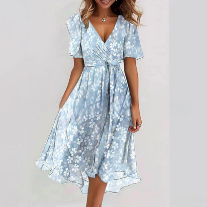 Robe Midi Femme Cache-Cœur à Fleurs – Style A-Line à Manches Courtes