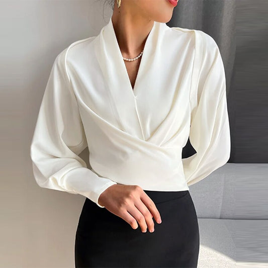 Jenna - Elegante V-Hals Top Met Lange Pofmouwen