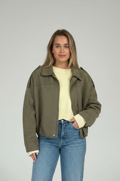 Jen - Faux Suede Batwing Sleeve Bomber Jacket