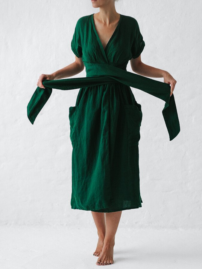 Elowiran - Linen Lace Up Dress