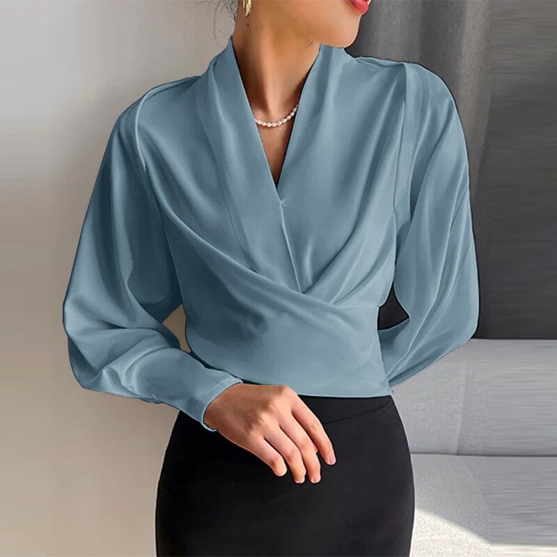 Jenna - Elegante V-Hals Top Met Lange Pofmouwen