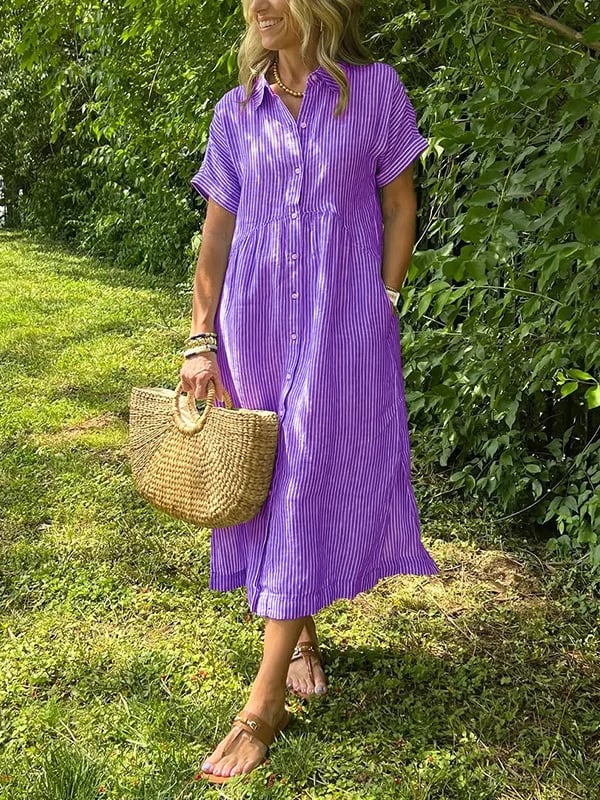 Linen Maxi Dress Women's Short Sleeve V-Neck Loose Fit Casual Shirt Dress