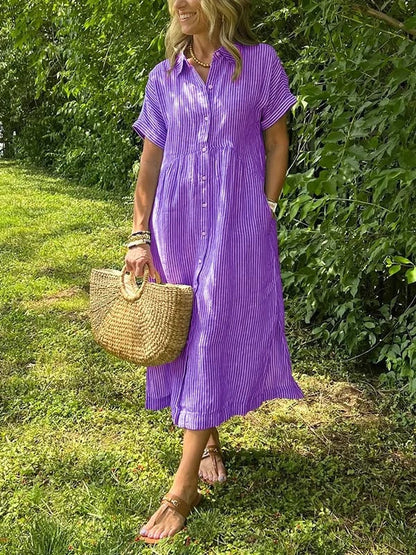 Linen Maxi Dress Women's Short Sleeve V-Neck Loose Fit Casual Shirt Dress