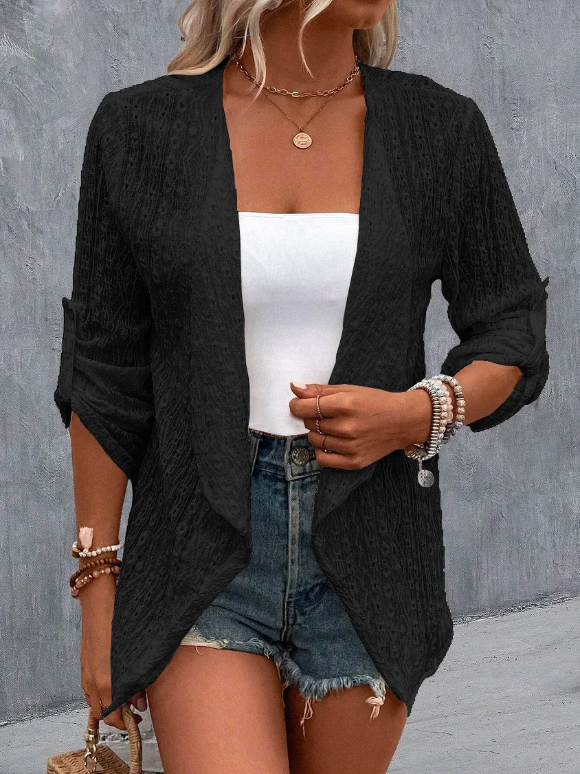 Women's Eyelet Roll-Tab Sleeve Cardigan