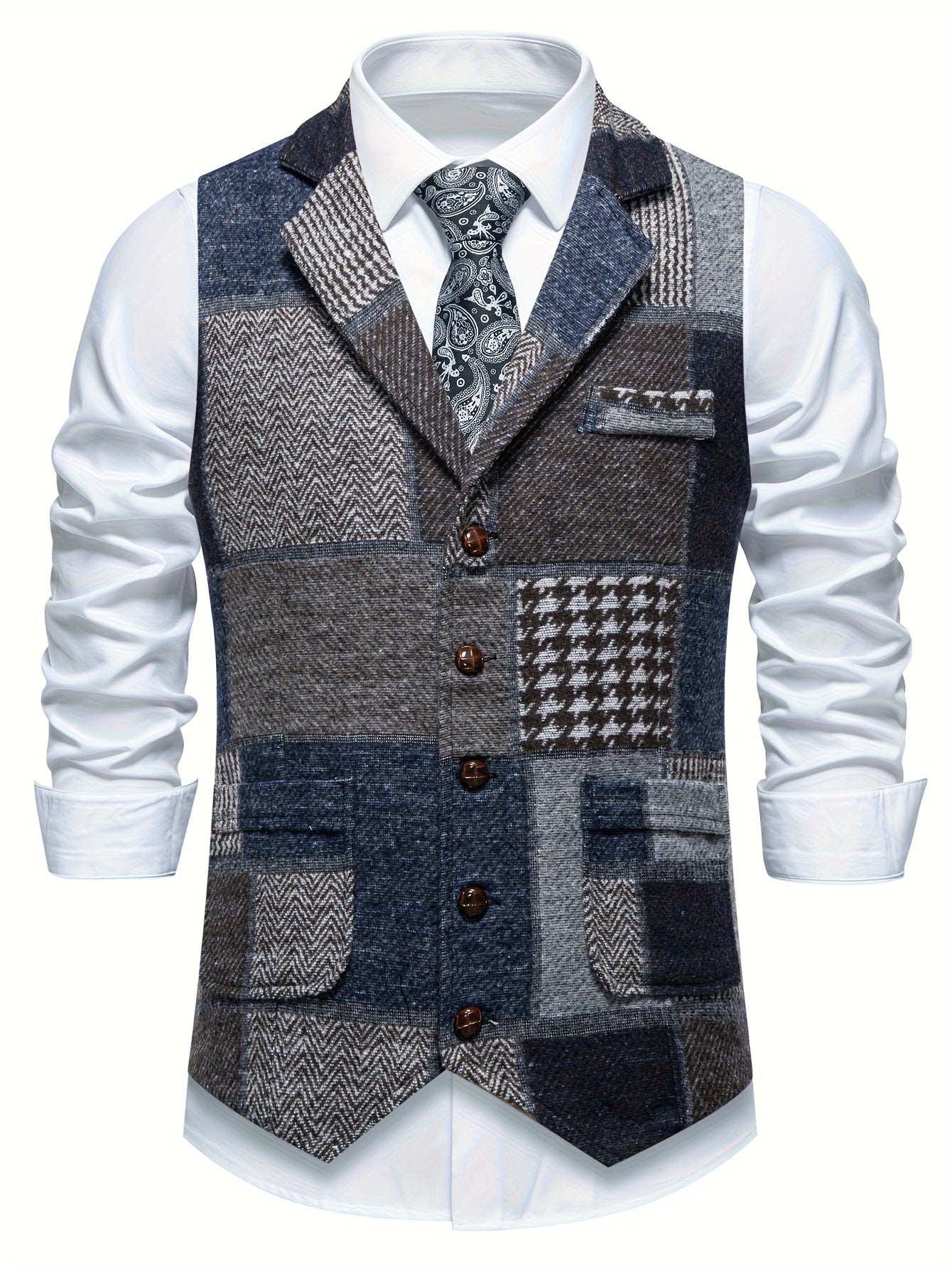 Leo | Patchwork-tweedvest med fiskebensmønster
