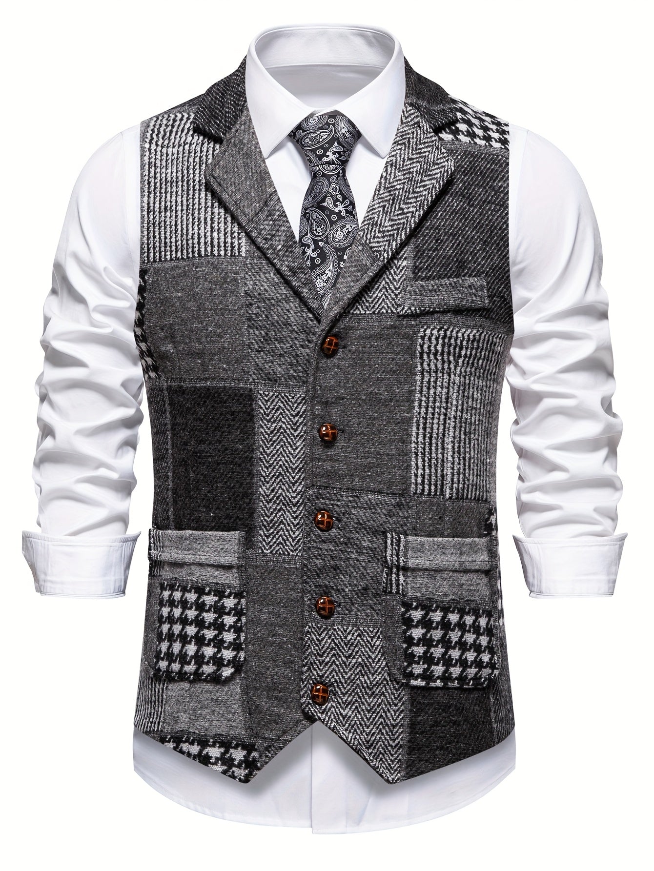 Leo | Patchwork-tweedvest med fiskebensmønster