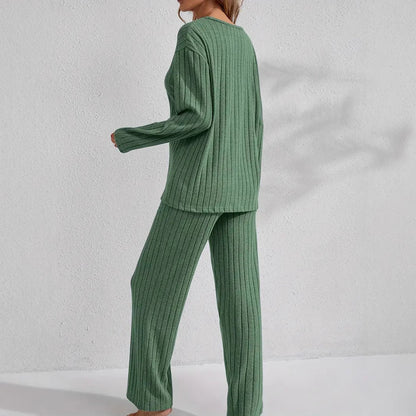 Women's Ribbed Long-Sleeve Top and Pants Set – Casual Comfortable Loungewear