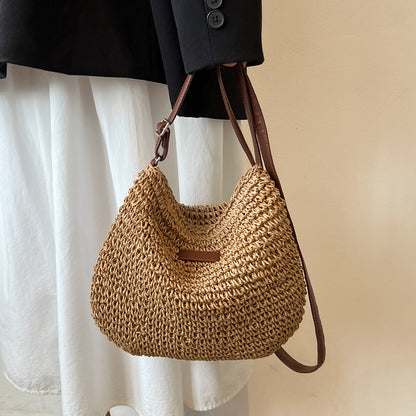 Women's Straw Shoulder Bag | Vegan Leather Strap