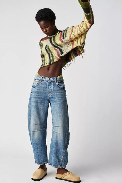Jean Barrel Large Jambe Large Taille Moyenne Stretch Femme – Denim Décontracté Baggy