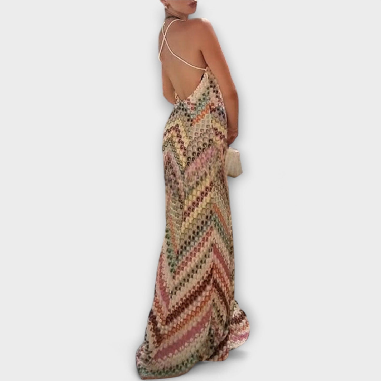 Buntes Fischgrätmuster Maxikleid – Strickkleid für Damen