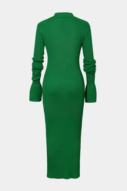 Shell Sleeve Ribbed Buttons Down Maxi Dress Mesh
