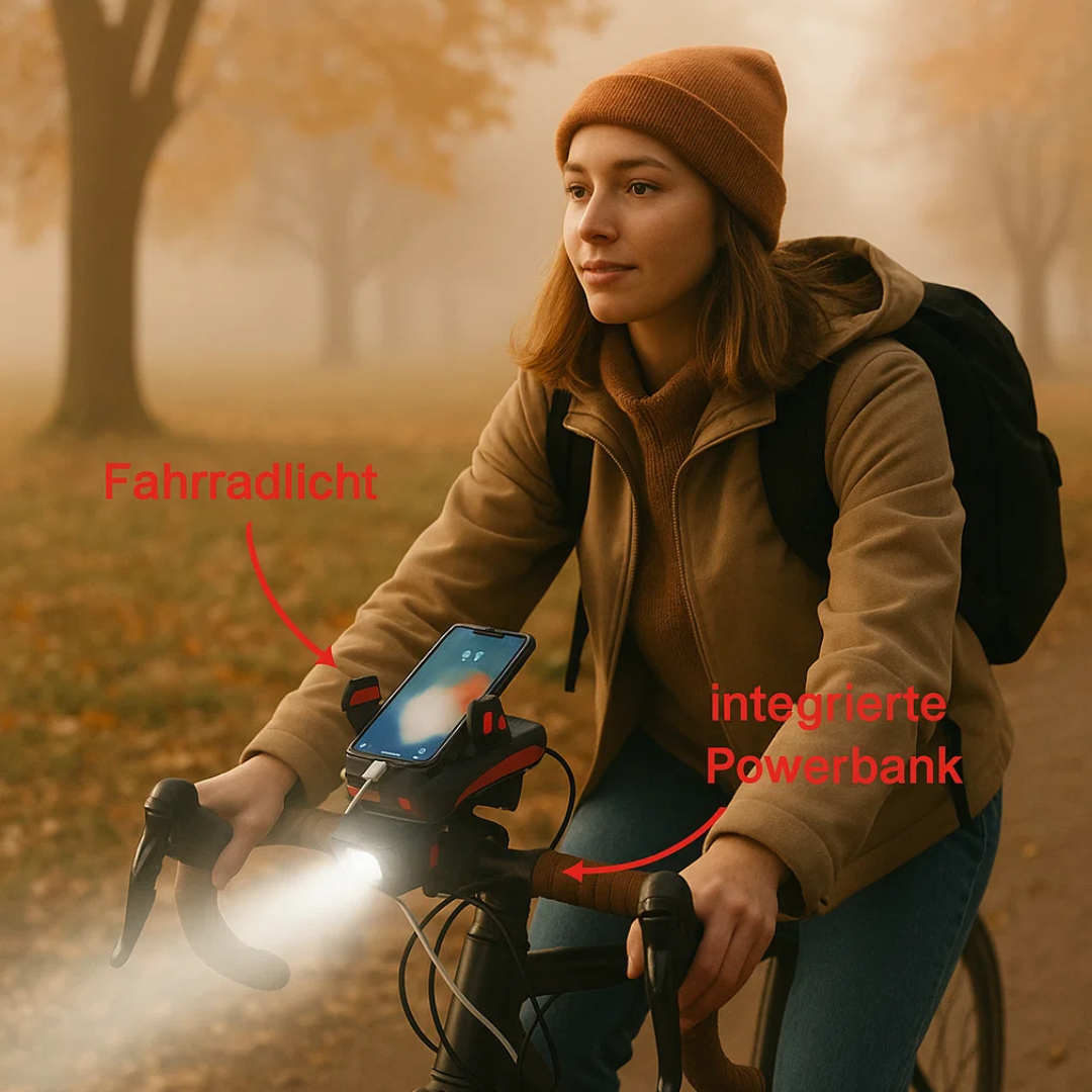 Fahrradlicht mit Handyhalterung & Powerbank | Fahrradbeleuchtung vorne | PowerRide