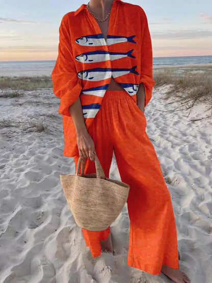 Women’s Printed Oversized Shirt & Wide-Leg Trousers Set – Relaxed Holiday & Summer Style