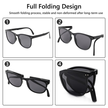Faltbare schwarze Sonnenbrille, UV-Schutz, kompakt, langlebig, modisches Design.