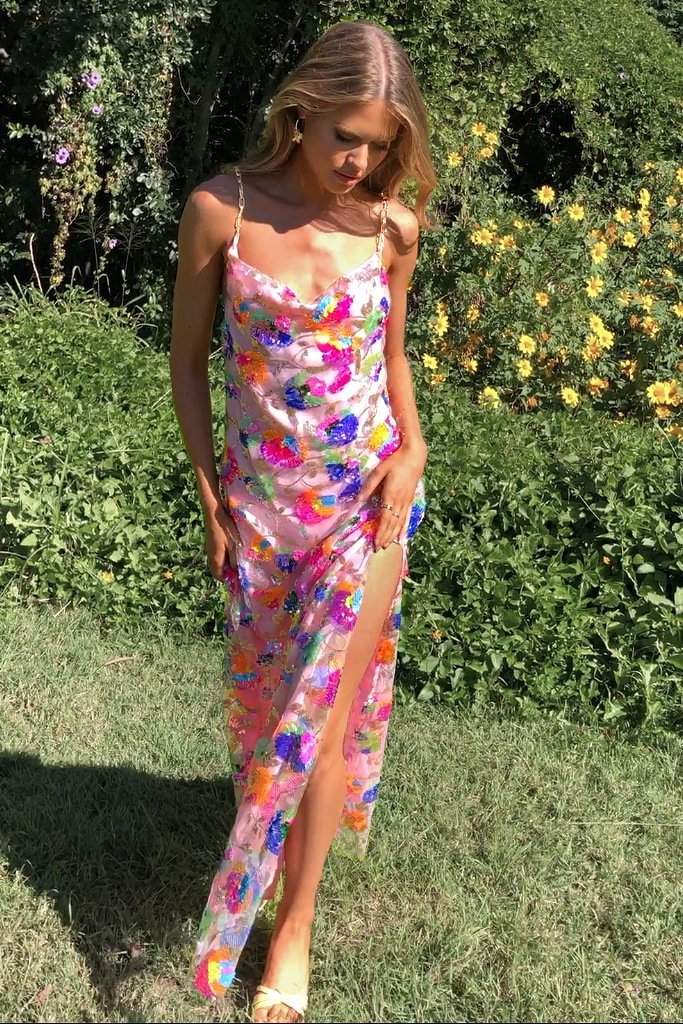 Backless Sequin Embroidered Maxi Dress – Floral Evening Gown