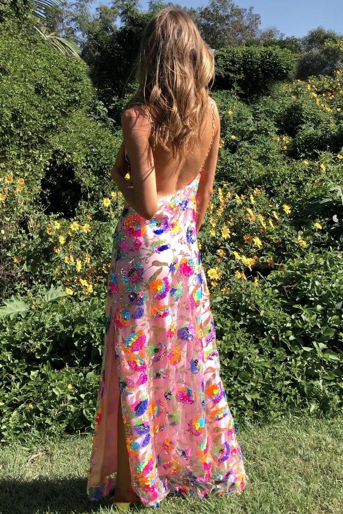 Backless Sequin Embroidered Maxi Dress – Floral Evening Gown