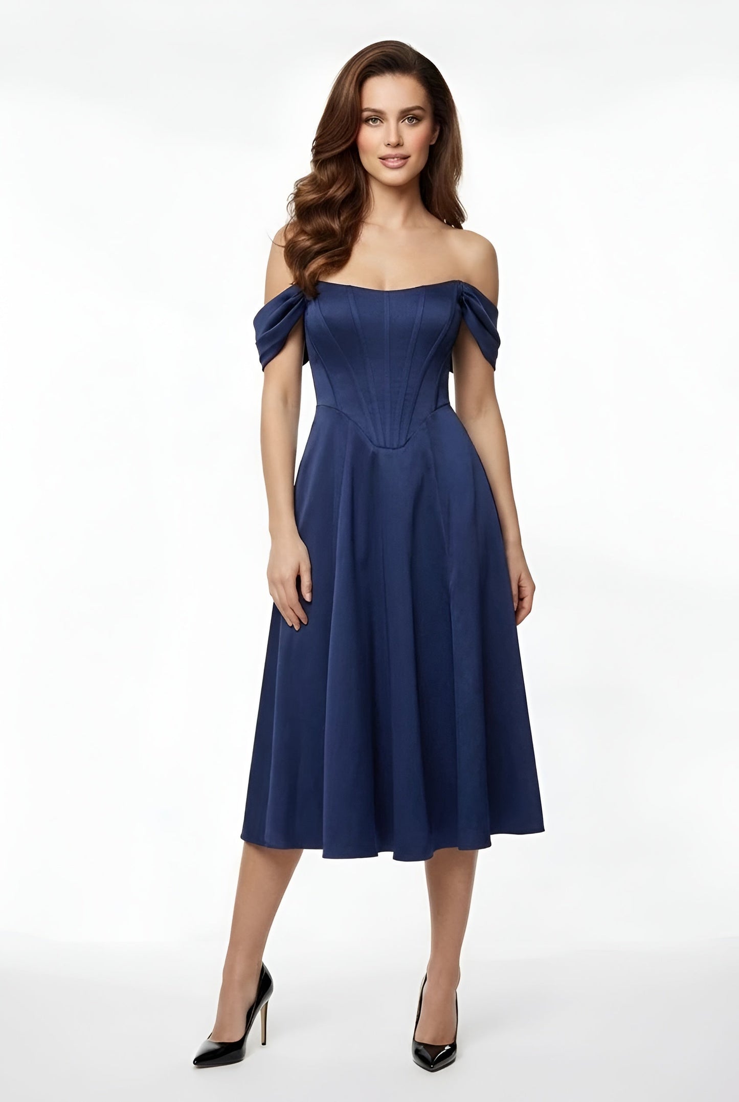 Dame off shoulder festkjole midi med slids tætsiddende elegant kjole