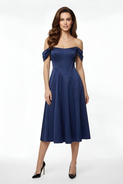 Dame off shoulder festkjole midi med slids tætsiddende elegant kjole