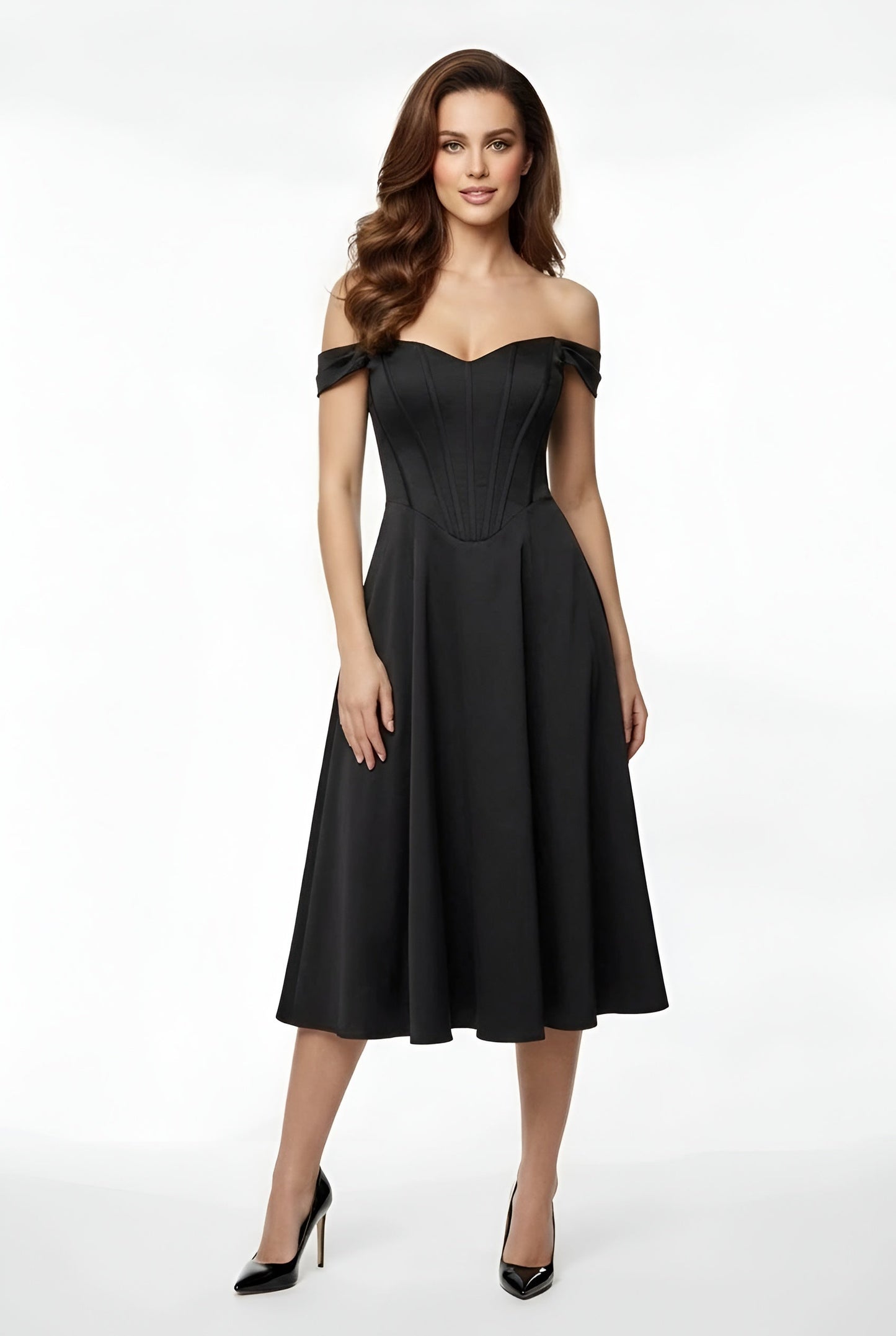 Dame off shoulder festkjole midi med slids tætsiddende elegant kjole