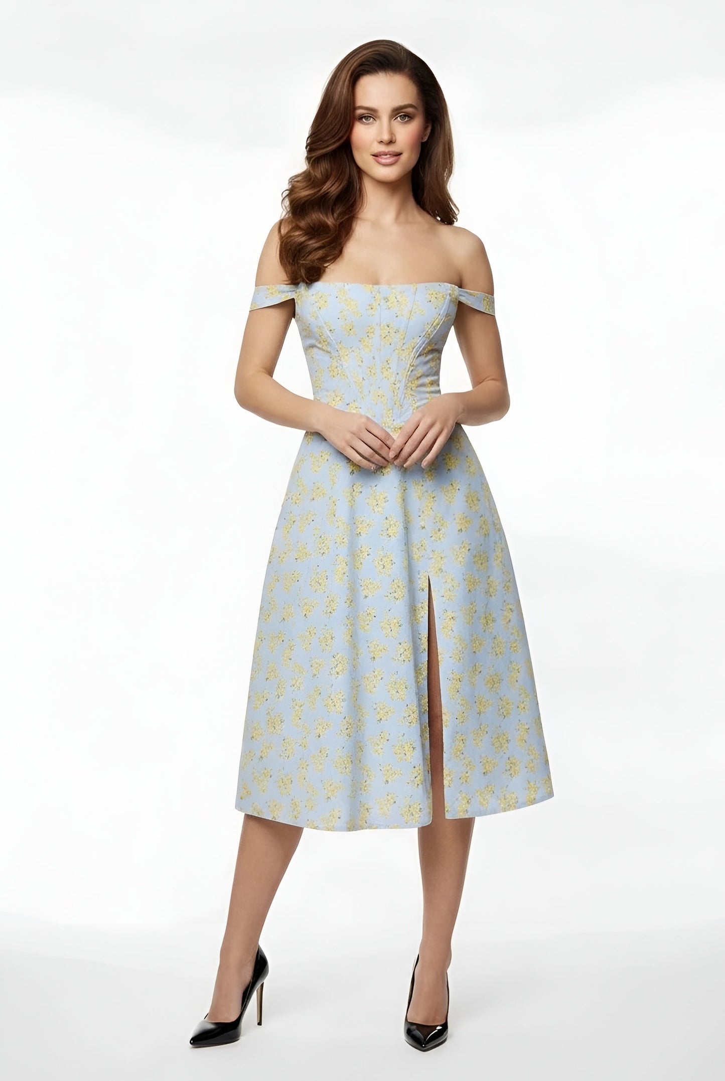 Dame off shoulder festkjole midi med slids tætsiddende elegant kjole