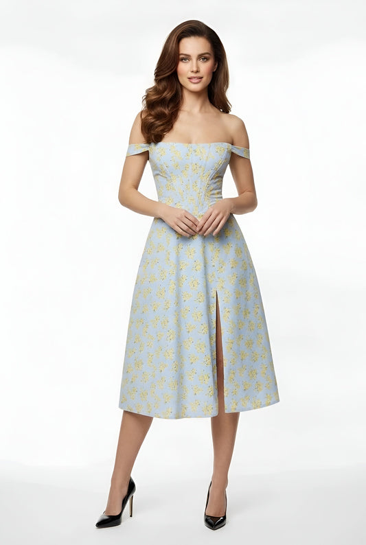 Dame off shoulder festkjole midi med slids tætsiddende elegant kjole