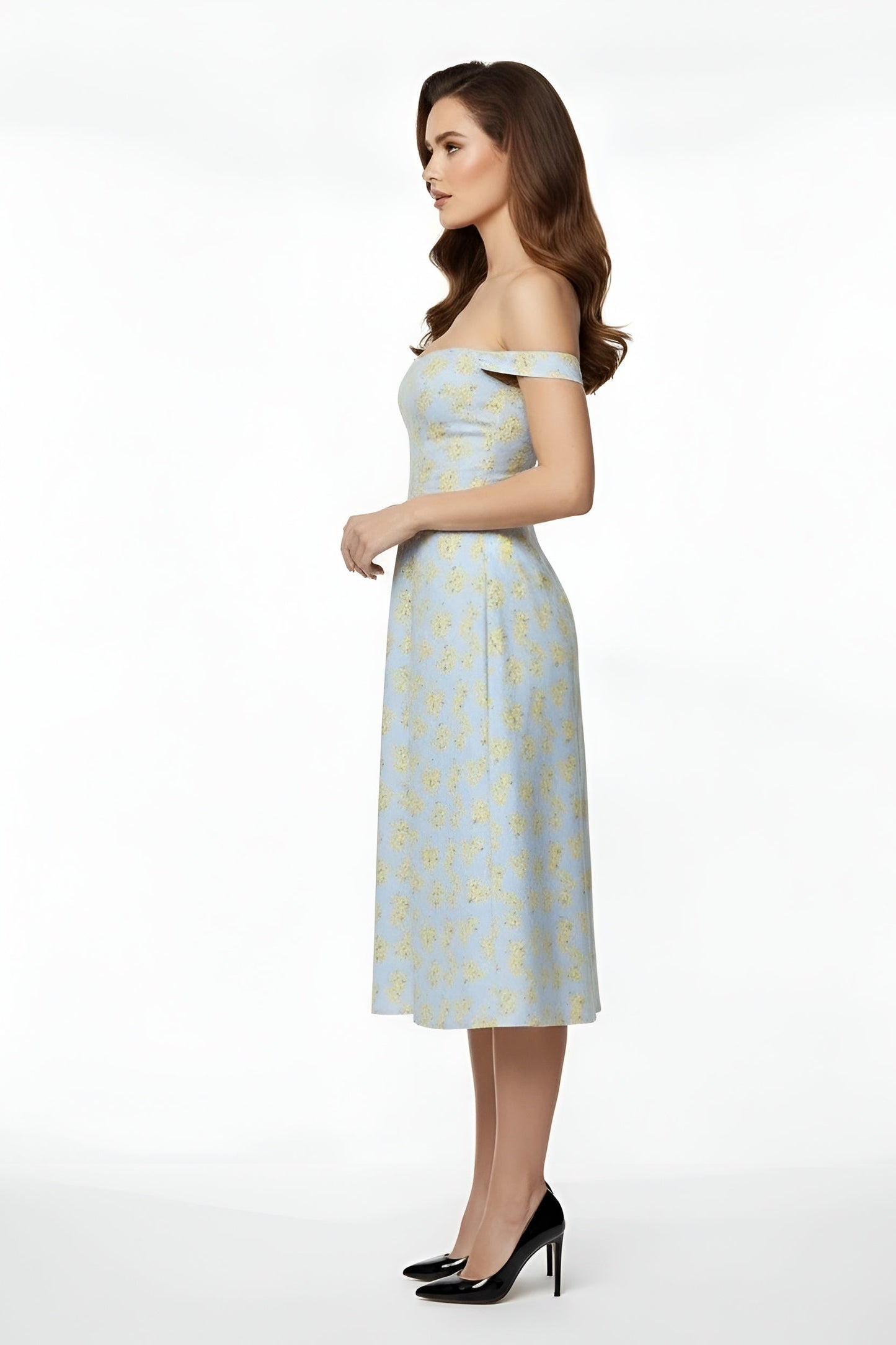 Dame off shoulder festkjole midi med slids tætsiddende elegant kjole