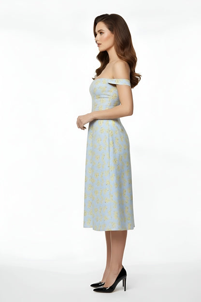 Dame off shoulder festkjole midi med slids tætsiddende elegant kjole