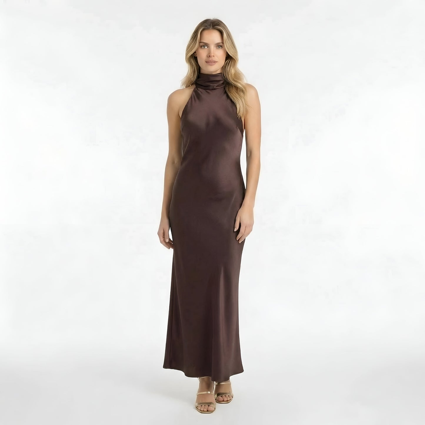 Lang satin kjole dame halterneck elegant festkjole tætsiddende aftenkjole