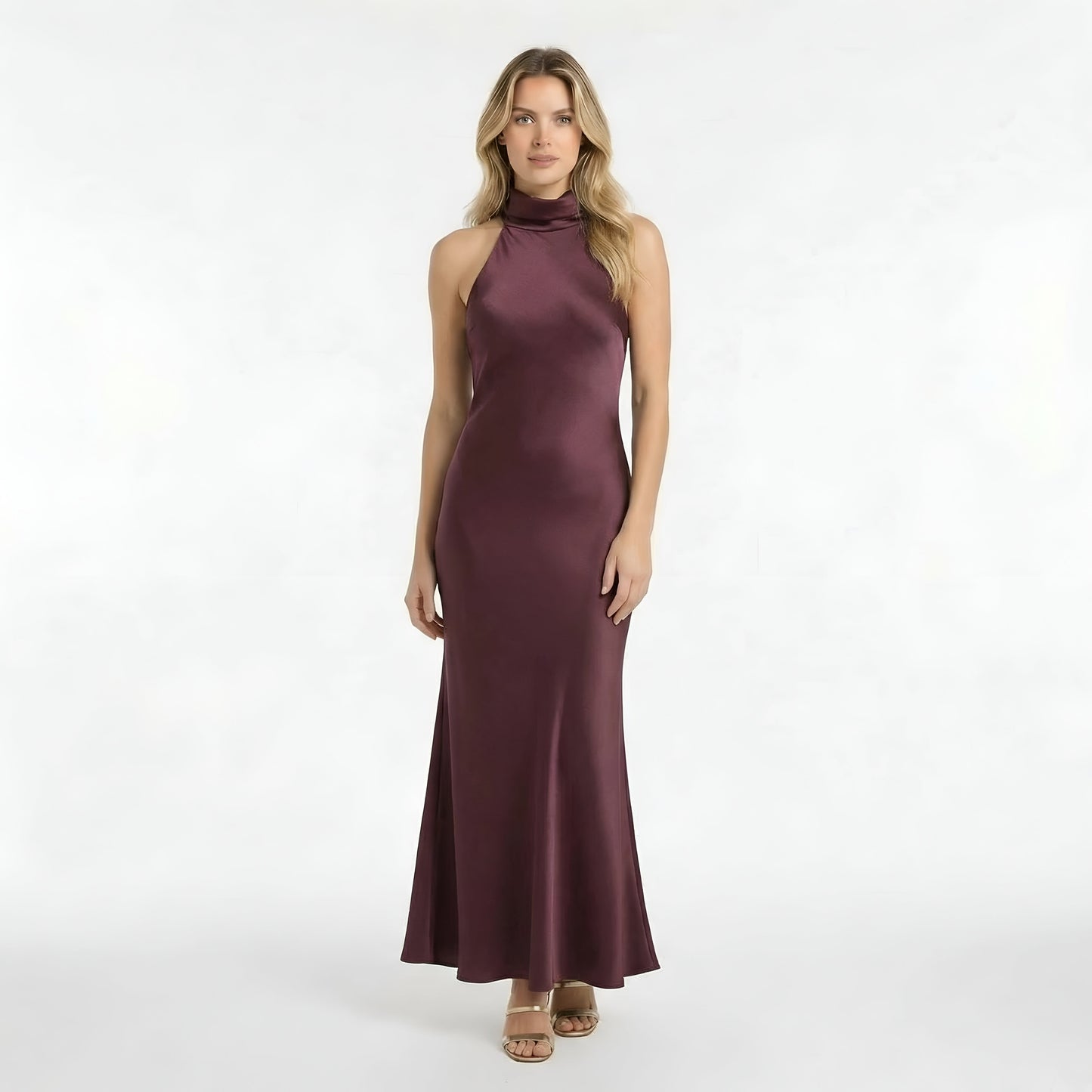 Lang satin kjole dame halterneck elegant festkjole tætsiddende aftenkjole