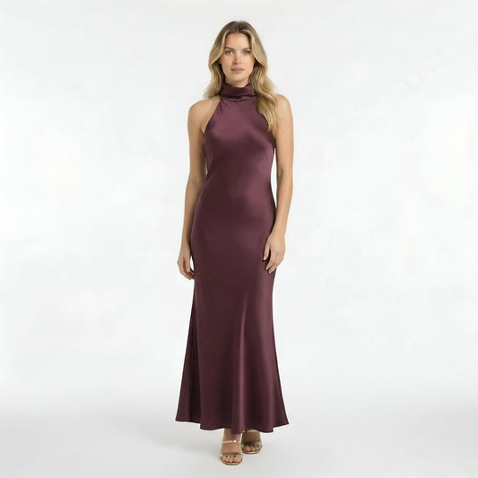 Lang satin kjole dame halterneck elegant festkjole tætsiddende aftenkjole