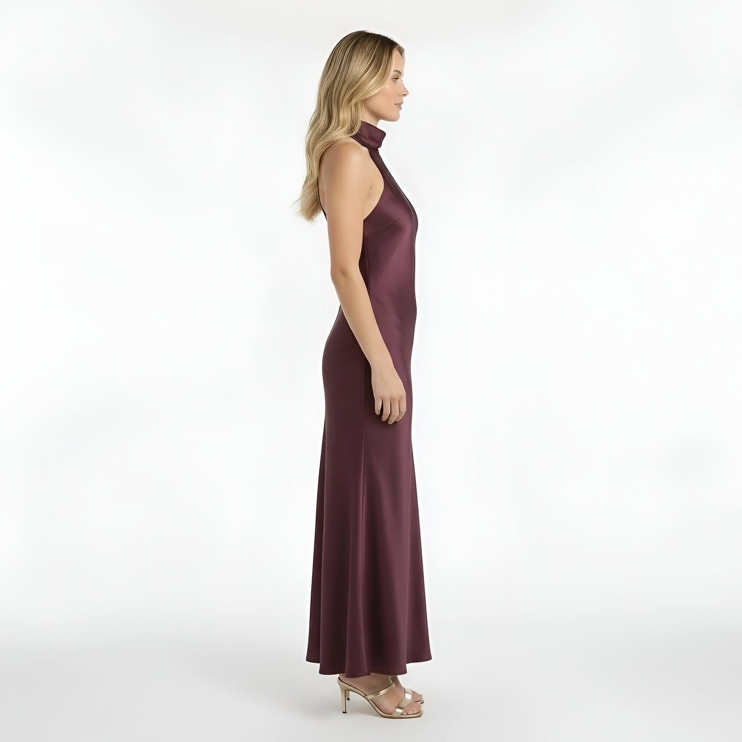 Lang satin kjole dame halterneck elegant festkjole tætsiddende aftenkjole