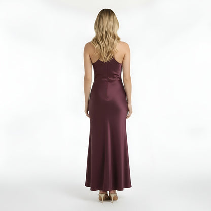 Lang satin kjole dame halterneck elegant festkjole tætsiddende aftenkjole