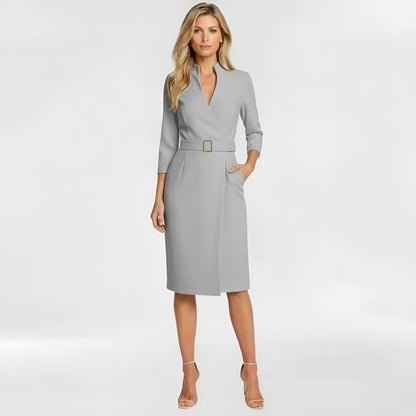 Vestito midi donna elegante con cintura e maniche lunghe, abito aderente formale