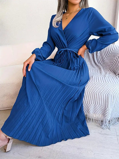Robe Midi Portefeuille Plissée Femme – Manches Longues Col V Style Élégant
