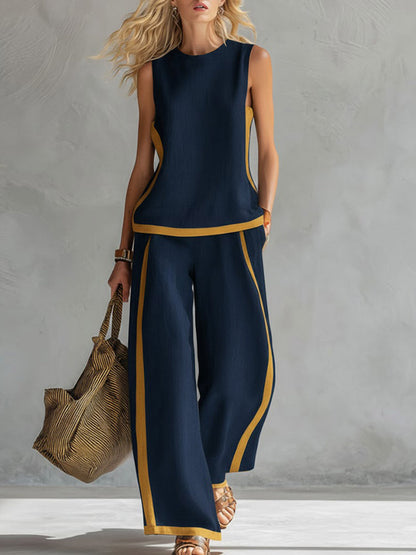 Virelya | Linnen 2-delige Set voor Dames – Elegante Mouwloze Top & Wide-Leg Broek