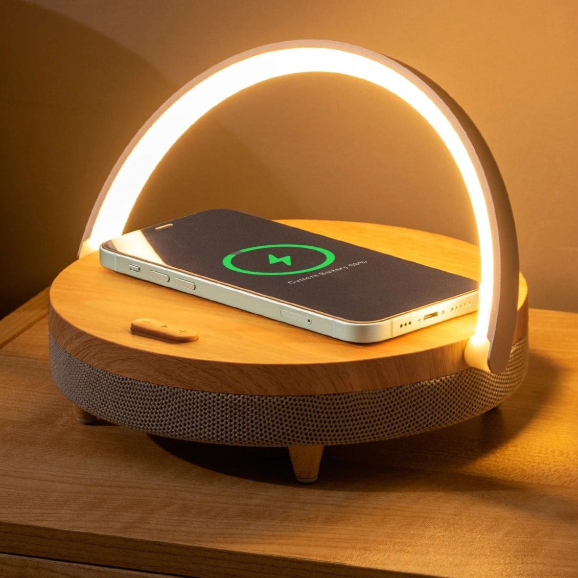 Skënladda - Luxe Wood Design Wireless Charger with LED Lamp & Bluetooth Speaker | Fast 15W Charging | Touch-Controlled Ambiance & HQ Sound - Made in Sweden with ❤️