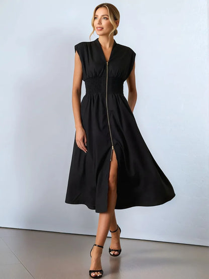 Smocked Zip Front Cap Sleeve Dress