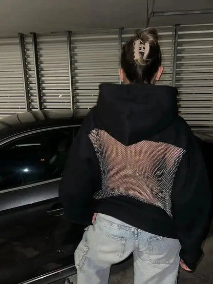 Yasmina – Rückenfreier Masche Glitzer Kapuzenpullover