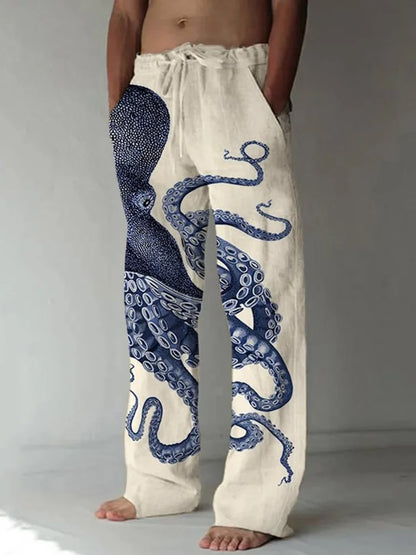 Japanse Art Octopus Print Casual Linnen Broek